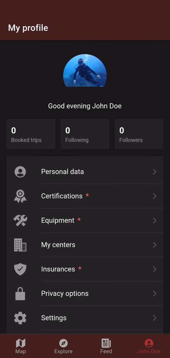 Diveclick user menu screen